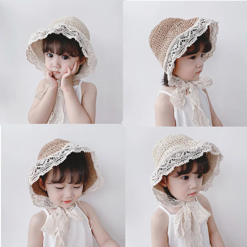 Summer Princess Lace Straw Sun Hat for Girls 2-5Y