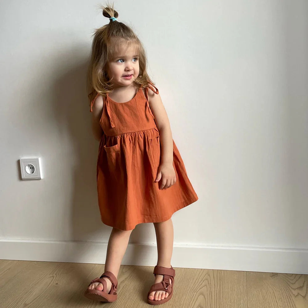 Girls' Summer Suspender Dress: Solid Color with Pocket