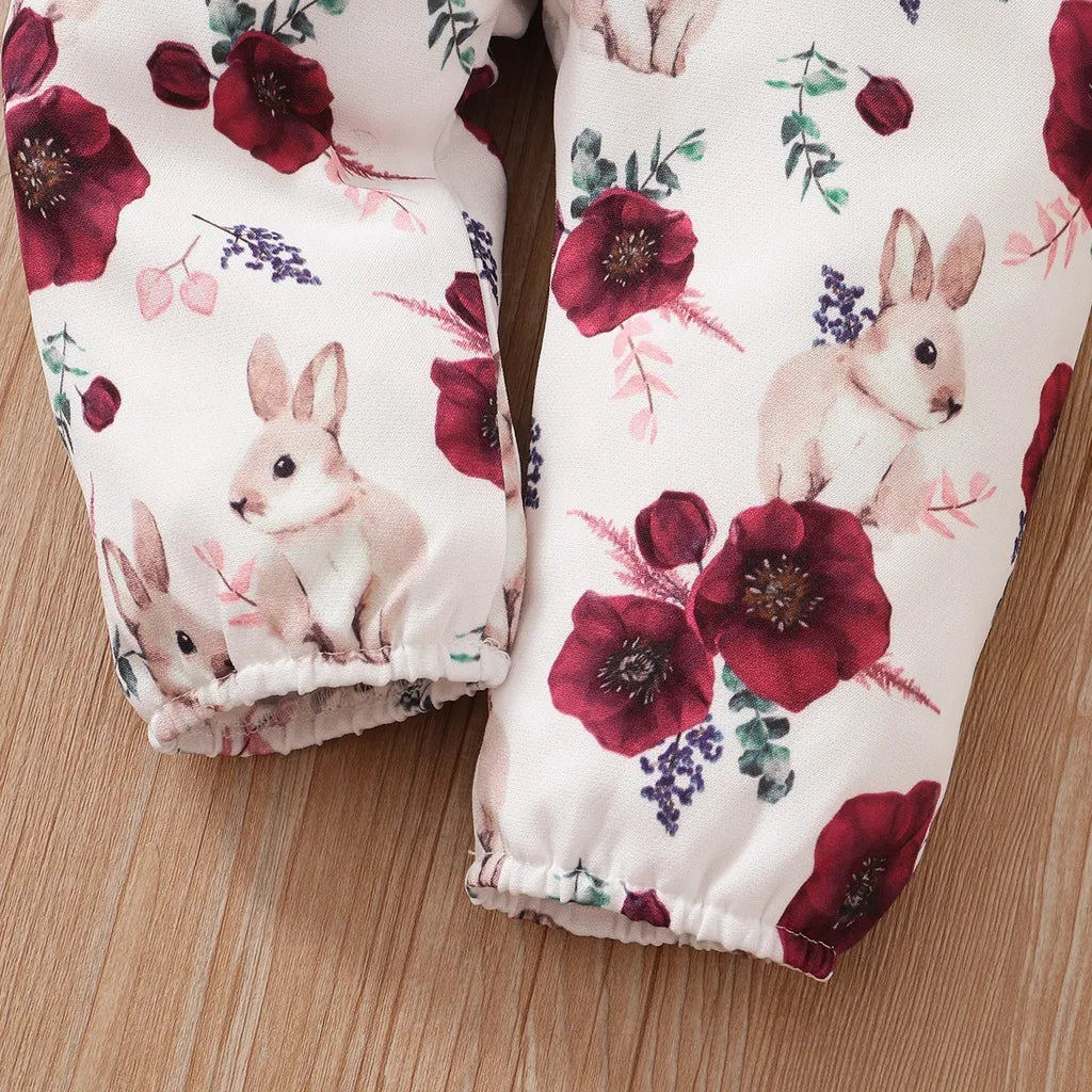 Baby Girl Red Long Sleeve Bodysuit + Flower Strap Pants Set