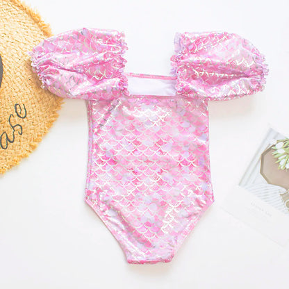 Gradient Puff Sleeve Girls' Swimsuit - Mermaid Bathing Suit
