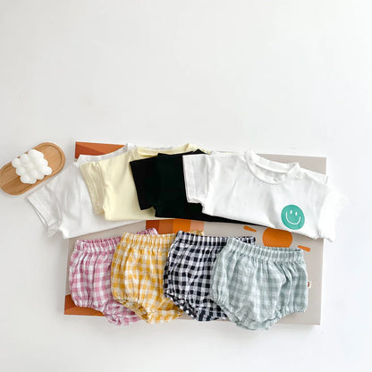Smile Face Cotton T-shirt + Plaid Shorts Set: Summer Baby Outfit