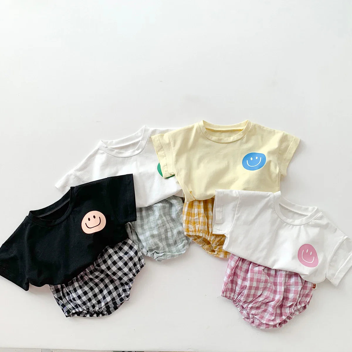Smile Face Cotton T-shirt + Plaid Shorts Set: Summer Baby Outfit
