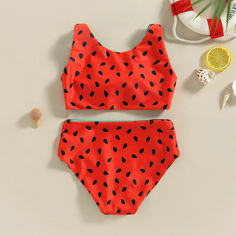 Watermelon Print Striped Swimsuit: Kid Girl's Two-Piece Beach Bathing Suit
