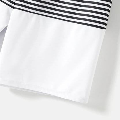 Family Matching: One-Shoulder Swimsuits & Striped Trunks