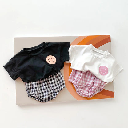 Smile Face Cotton T-shirt + Plaid Shorts Set: Summer Baby Outfit