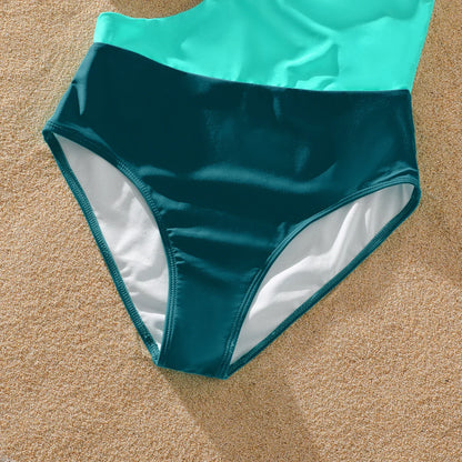 Family Matching: One-Shoulder Swimsuits & Striped Trunks