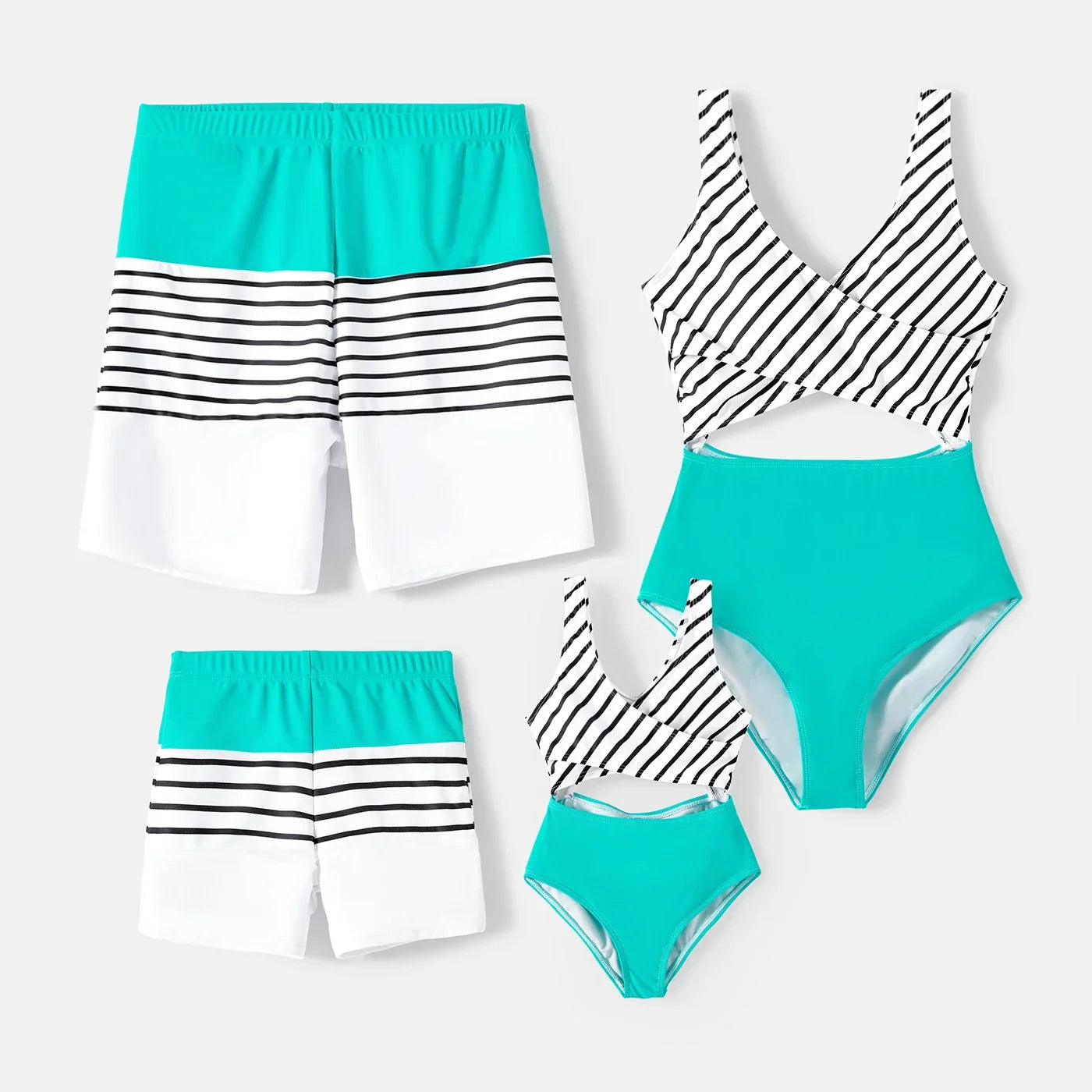 Family Matching Swimwear: Striped One-Piece & Colorblock Trunks, Summer Ready