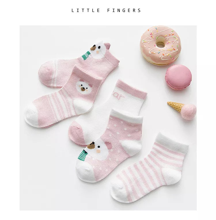 5 Pairs Infant Baby Socks (Newborn-2Y) - Cotton Mesh, Cute & Comfy