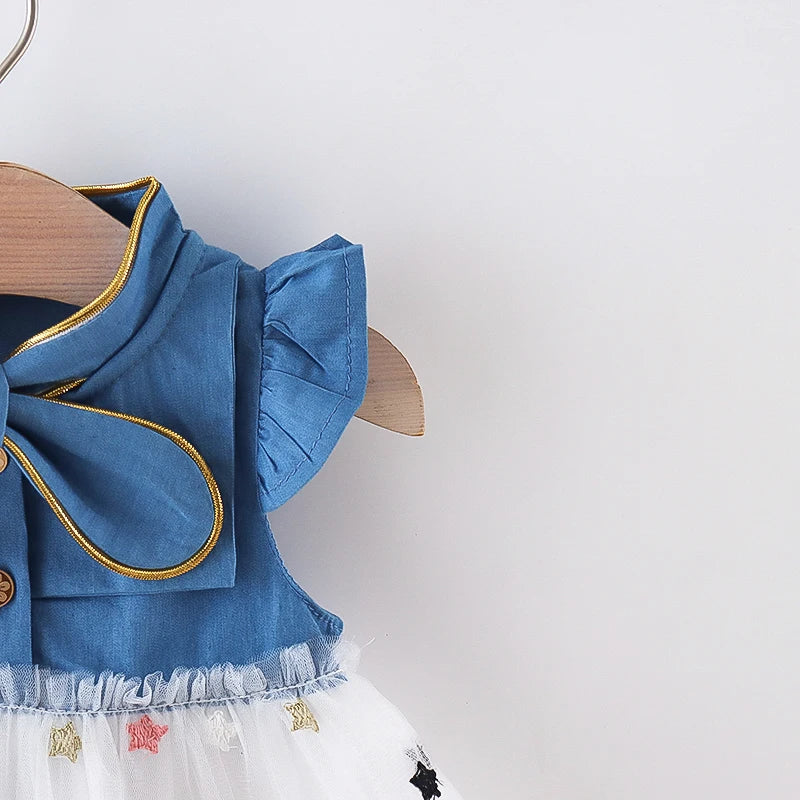 Girls' Summer Bow Denim Dress with Flying Sleeves