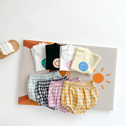 Smile Face Cotton T-shirt + Plaid Shorts Set: Summer Baby Outfit