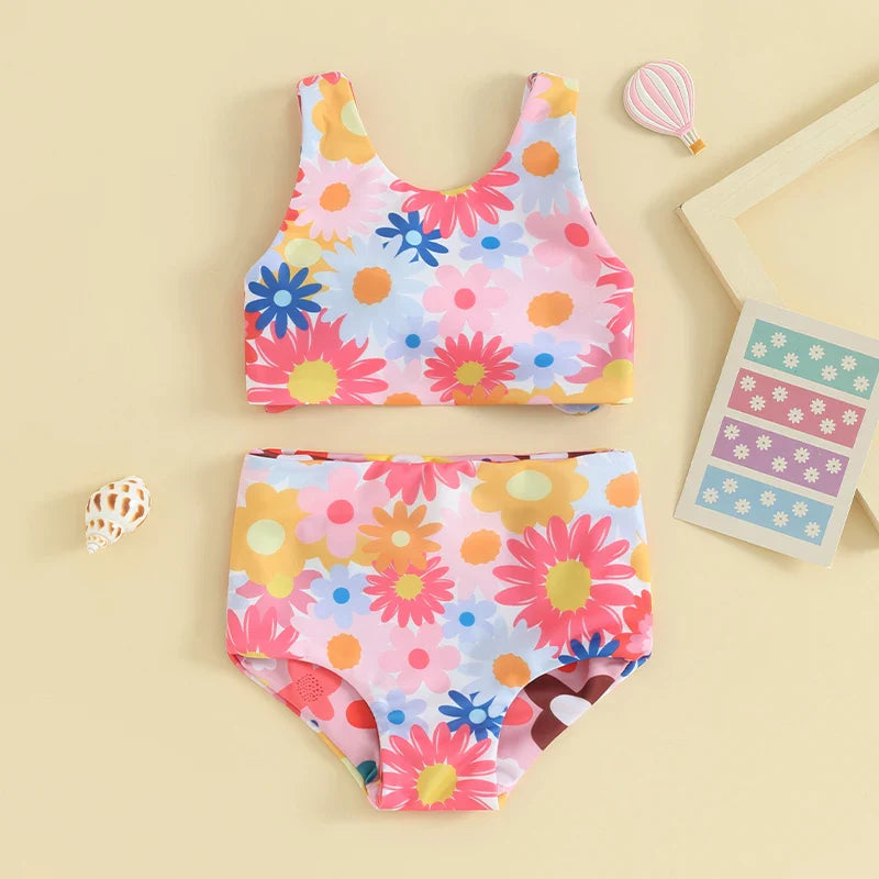 Summer Toddler Floral Print Swimsuit: 2-Piece Beach Swimwear