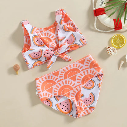 Watermelon Print Striped Swimsuit: Kid Girl's Two-Piece Beach Bathing Suit