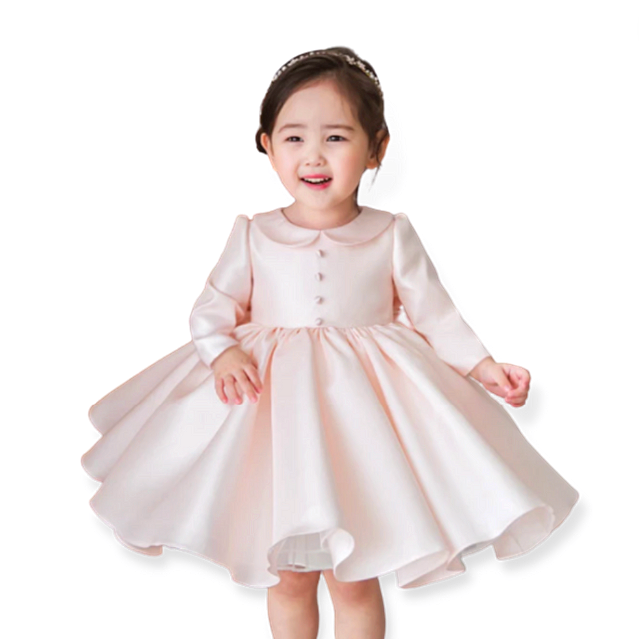 Baby Collar Long Sleeves Fashion Christening Silk Dress