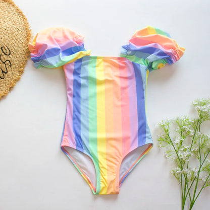 Gradient Puff Sleeve Girls' Swimsuit - Mermaid Bathing Suit