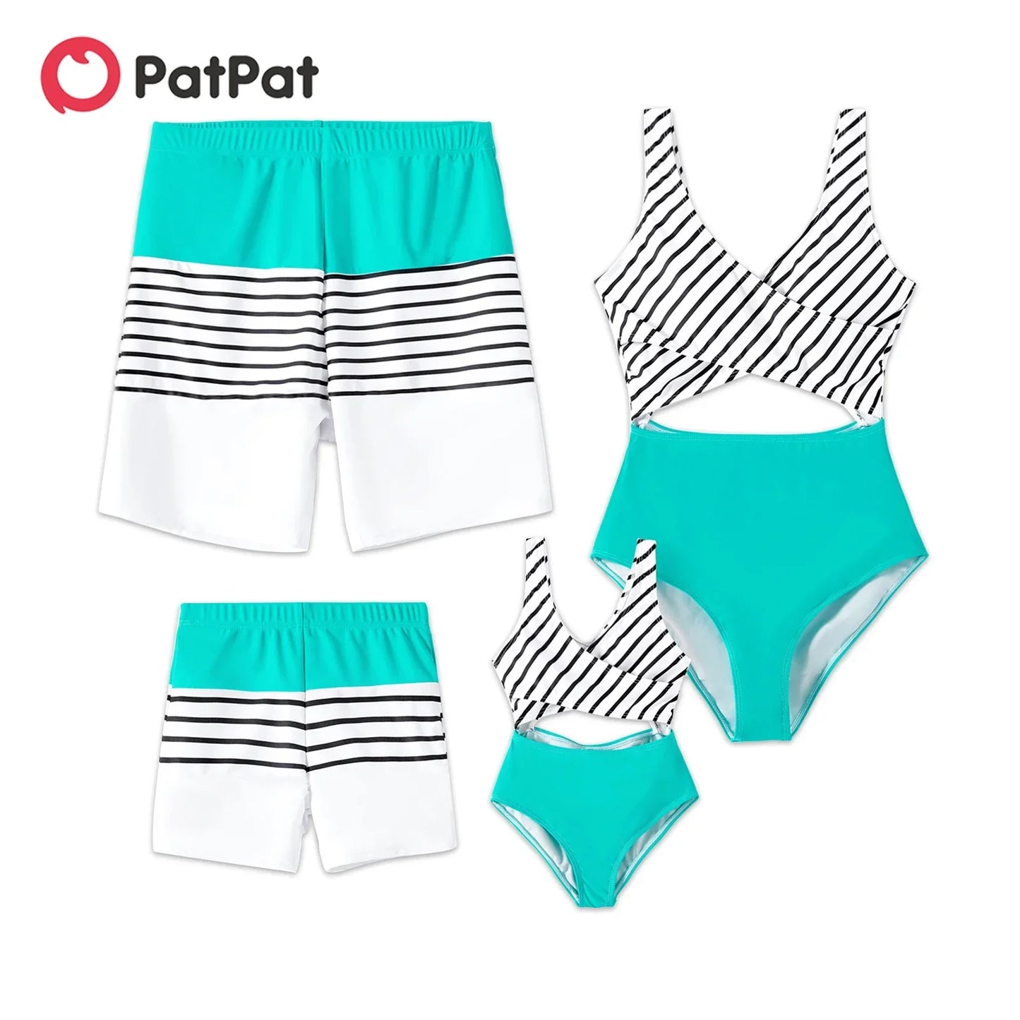Family Matching Swimwear: Striped One-Piece & Colorblock Trunks, Summer Ready