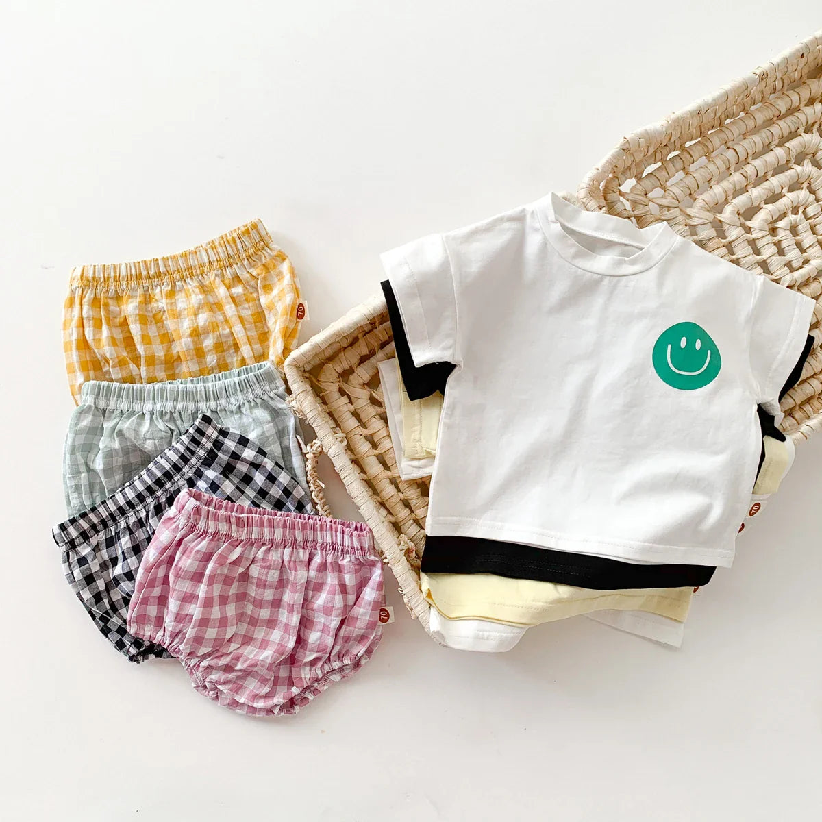 Smile Face Cotton T-shirt + Plaid Shorts Set: Summer Baby Outfit