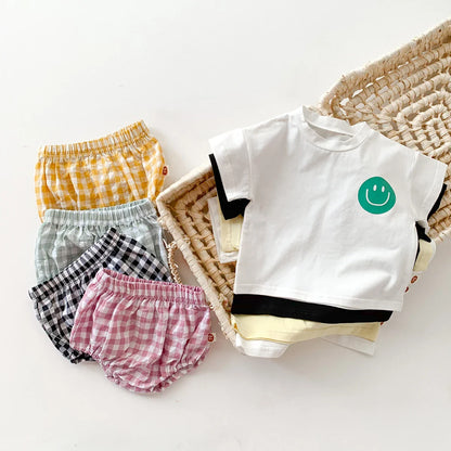 Smile Face Cotton T-shirt + Plaid Shorts Set: Summer Baby Outfit