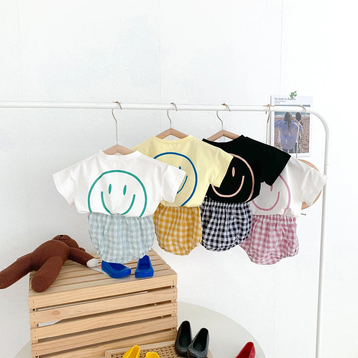 Smile Face Cotton T-shirt + Plaid Shorts Set: Summer Baby Outfit