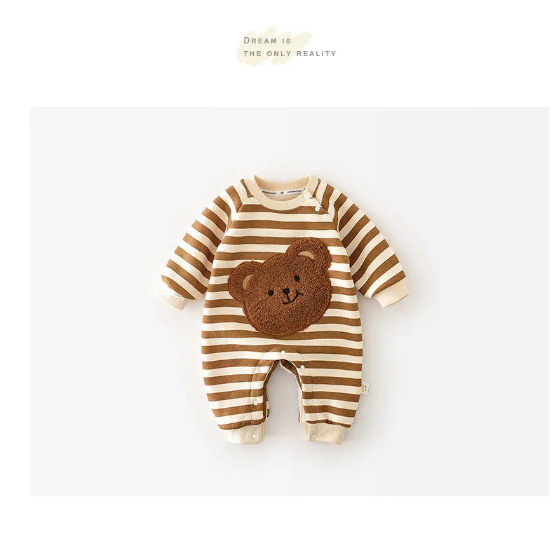 Thick Lining Baby Rompers - Striped Bear Outfit
