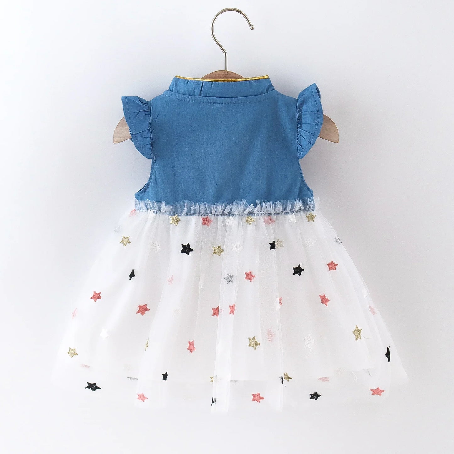 Girls' Summer Bow Denim Dress with Flying Sleeves