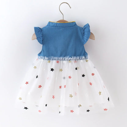 Girls' Summer Bow Denim Dress with Flying Sleeves
