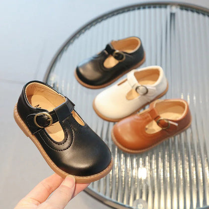 Kids T-Strap Leather Flats: Breathable
