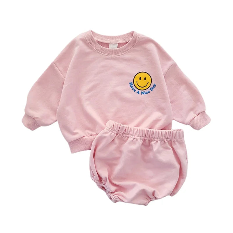 Smiley Face Print Cotton Sweatershirt + PP Short Pants Set: Toddler Sports Outfit