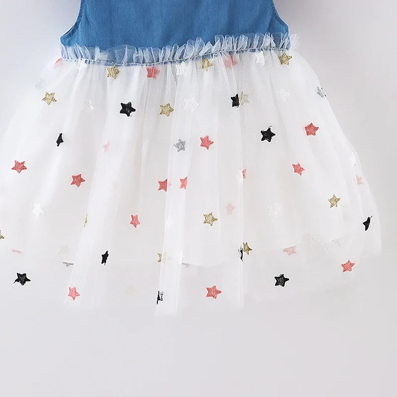 Girls' Summer Bow Denim Dress with Flying Sleeves