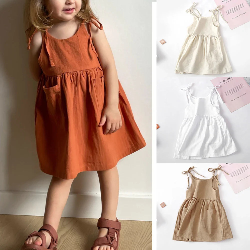 Girls' Summer Suspender Dress: Solid Color with Pocket