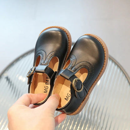 Kids T-Strap Leather Flats: Breathable