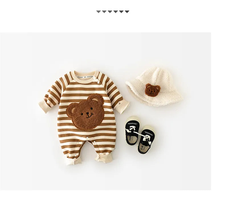 Thick Lining Baby Rompers - Striped Bear Outfit