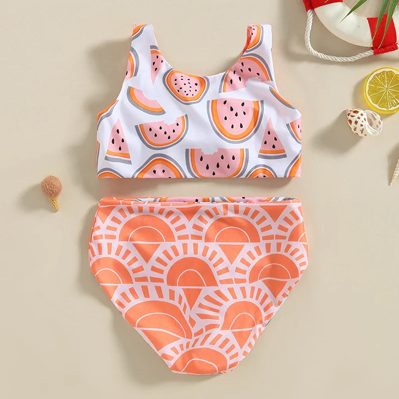 Watermelon Print Striped Swimsuit: Kid Girl's Two-Piece Beach Bathing Suit