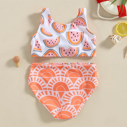 Watermelon Print Striped Swimsuit: Kid Girl's Two-Piece Beach Bathing Suit