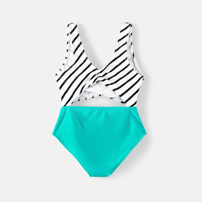 Family Matching Swimwear: Striped One-Piece & Colorblock Trunks, Summer Ready