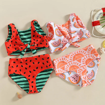 Watermelon Print Striped Swimsuit: Kid Girl's Two-Piece Beach Bathing Suit