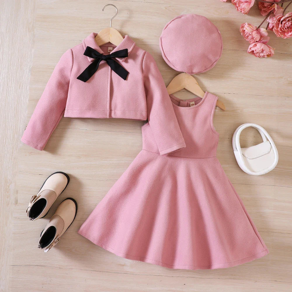 Girls' Autumn/Winter Bow Fleece Coat+Tank Top Dress+Beret
