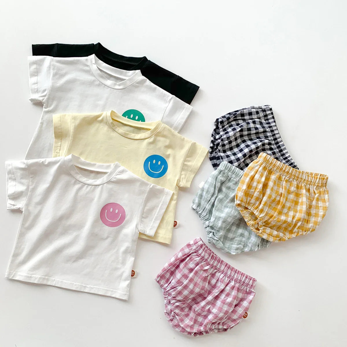 Smile Face Cotton T-shirt + Plaid Shorts Set: Summer Baby Outfit