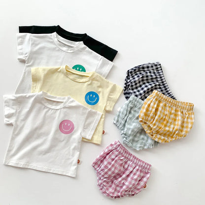 Smile Face Cotton T-shirt + Plaid Shorts Set: Summer Baby Outfit