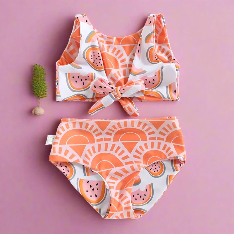 Watermelon Print Striped Swimsuit: Kid Girl's Two-Piece Beach Bathing Suit