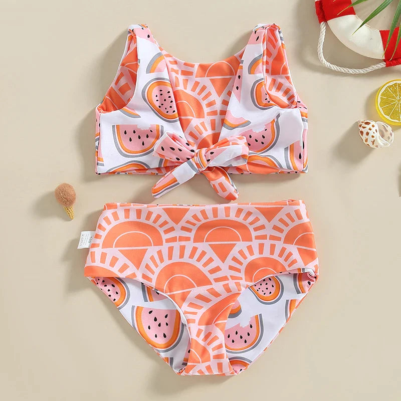 Watermelon Print Striped Swimsuit: Kid Girl's Two-Piece Beach Bathing Suit