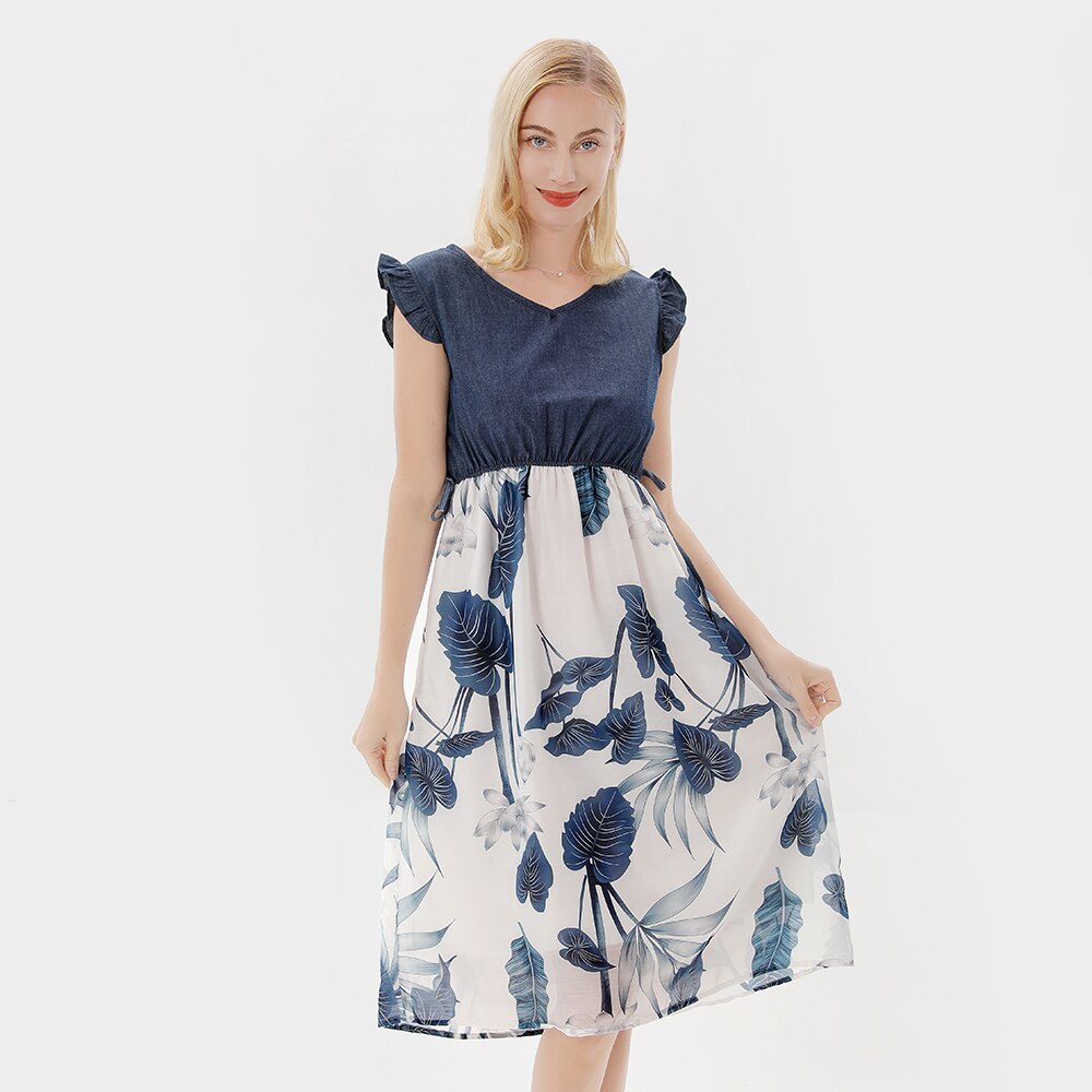 Family Matching Dress Flower Pattern Ruffle Sleeve For Mother Daughter Dress