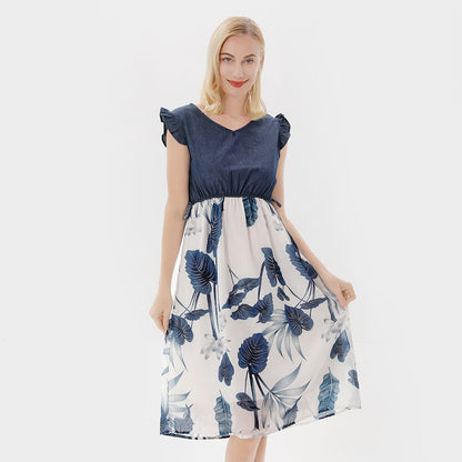 Family Matching Dress Flower Pattern Ruffle Sleeve For Mother Daughter Dress