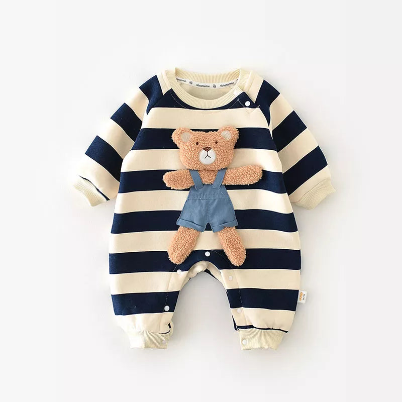Thick Lining Baby Rompers - Striped Bear Outfit