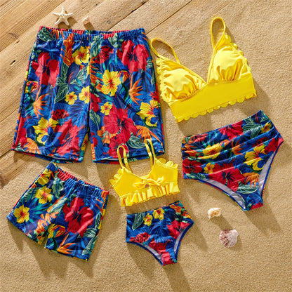 Family Matching: Solid Scallop Two-Piece & Floral Trunks