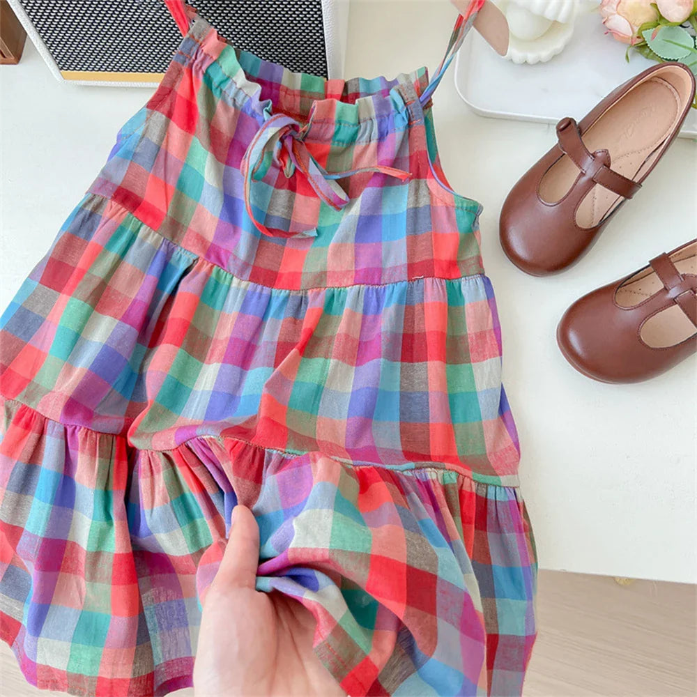 Summer Girls' Colorful Plaid Strap Dress