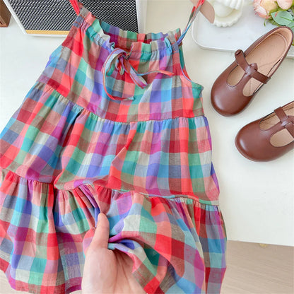 Summer Girls' Colorful Plaid Strap Dress