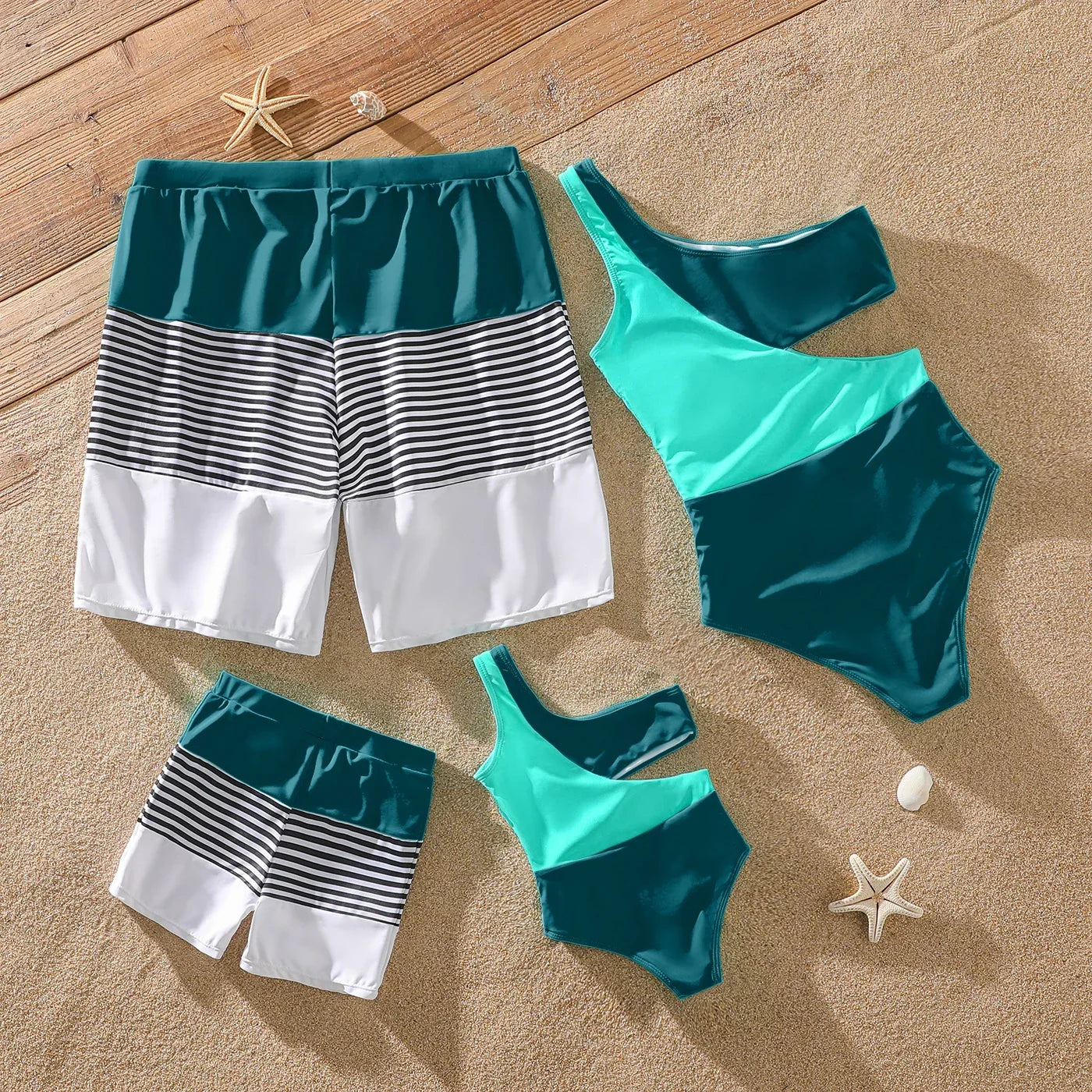 Family Matching: One-Shoulder Swimsuits & Striped Trunks