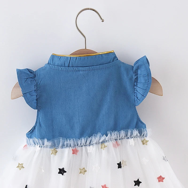 Girls' Summer Bow Denim Dress with Flying Sleeves