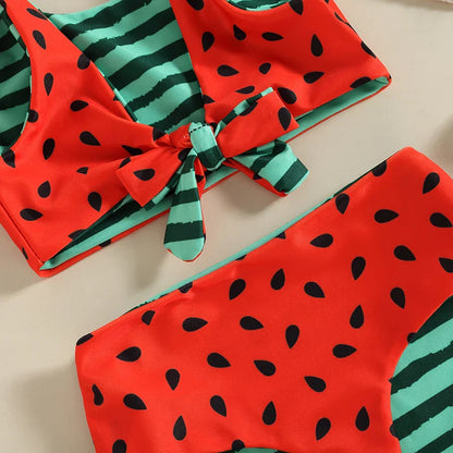 Watermelon Print Striped Swimsuit: Kid Girl's Two-Piece Beach Bathing Suit