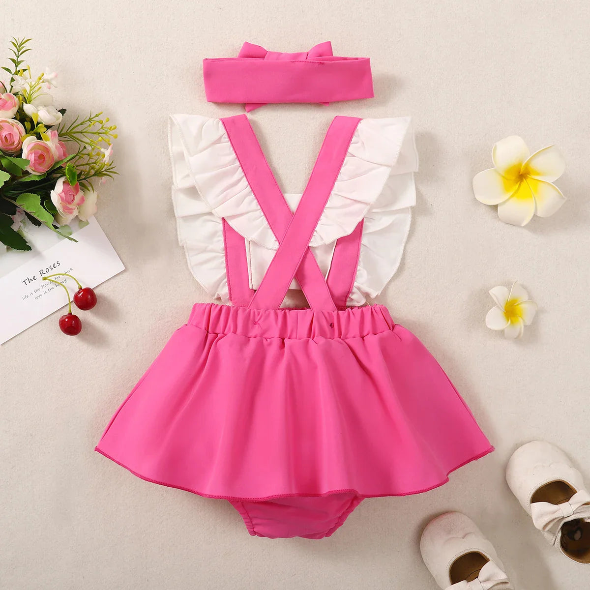 Summer Pink Creeper Dress Set with Hair Accessories for Toddlers